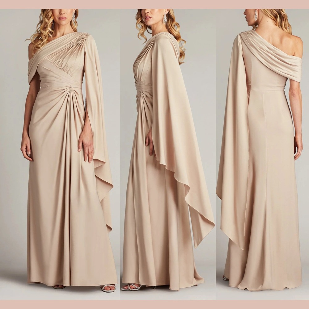$598 Tadashi‎ Shoji [ 6 ] Ember One Shoulder Cape Sleeve Gown Champagne J2359